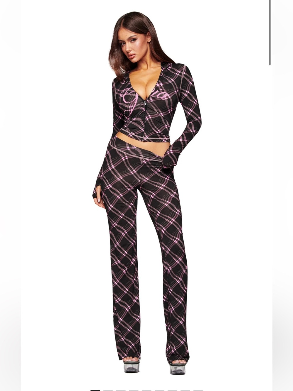 Blare Tracksuit I Am Gia - Black & Pink Plaid Two-Piece Zip Top and Pants Set